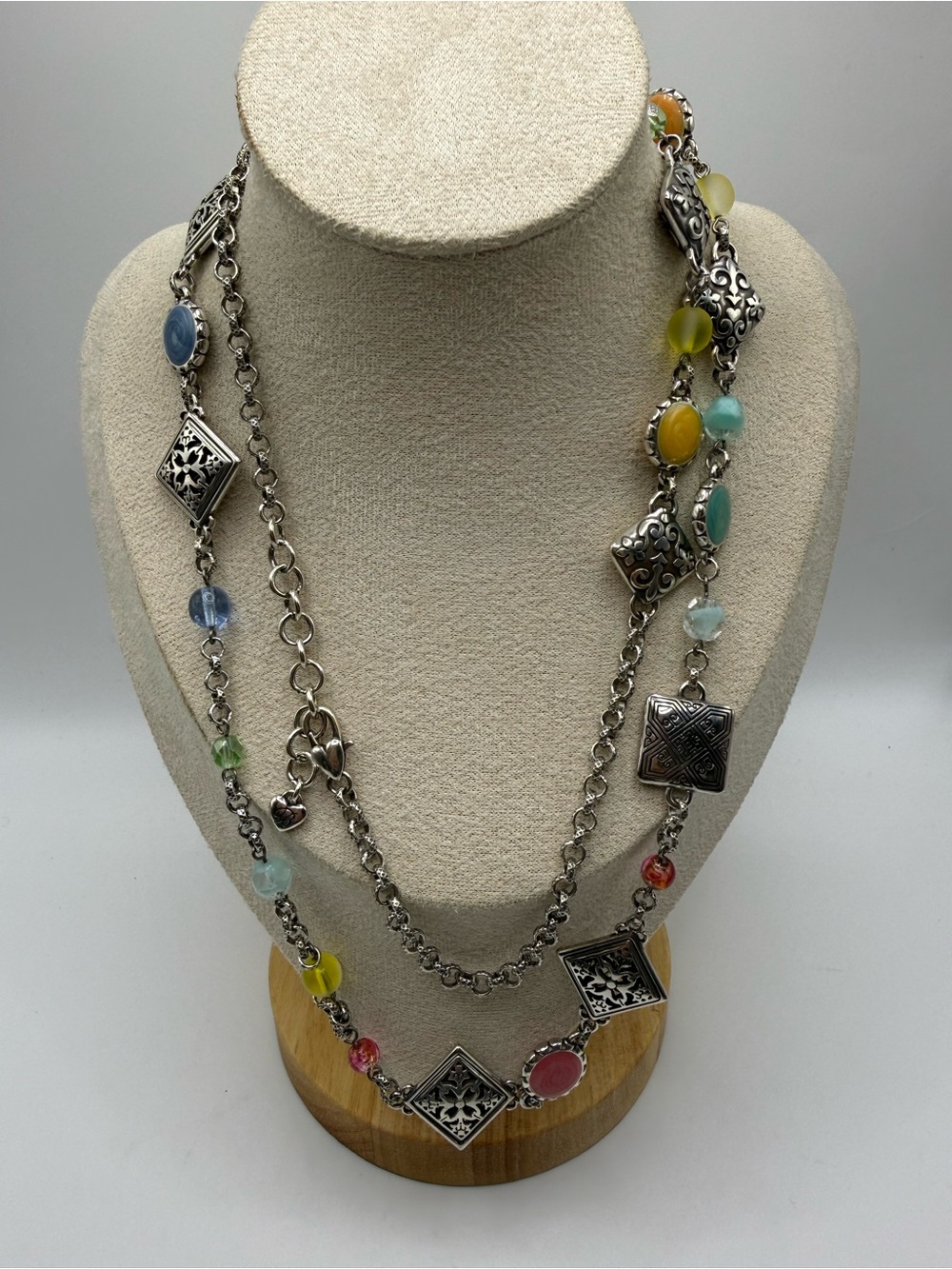 Brighton Signed Long Station Necklace Multicolor Beads Silver Tone Layered 38”